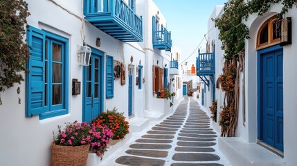 A picturesque white-washed alley with blue doors and windows, adorned with colorful flowers and plants, evoking a Mediterranean architectural style.
