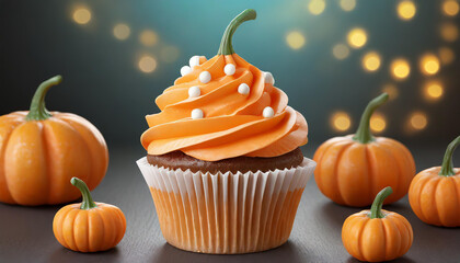Delicious pumpkin cupcakes decorated with orange frosting and white sprinkles, surrounded by small pumpkins during autumn celebration
