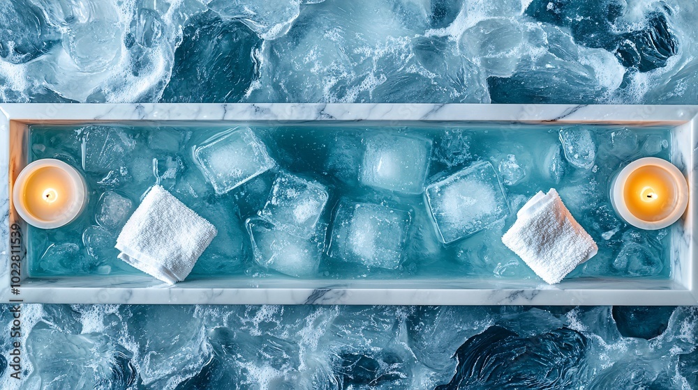 Aufkleber View from above of a modern ice bath setup with soft towels and candles Stock Photo with side copy space