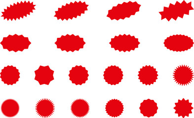 Starburst red sticker set - collection of special offer sale round and oval sunburst labels and buttons isolated on white background. Promo stickers with star edges. Vector