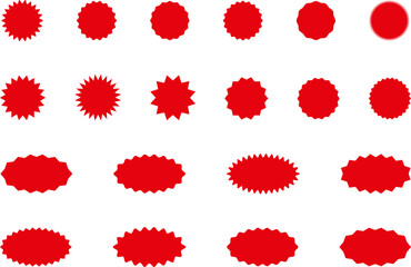 Starburst red sticker set - collection of special offer sale round and oval sunburst labels and buttons isolated on white background. Promo stickers with star edges. Vector