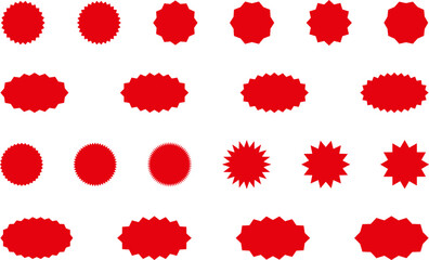 Starburst red sticker set - collection of special offer sale round and oval sunburst labels and buttons isolated on white background. Promo stickers with star edges. Vector