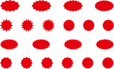 Starburst red sticker set - collection of special offer sale round and oval sunburst labels and buttons isolated on white background. Promo stickers with star edges. Vector