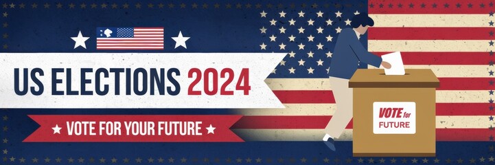 US Elections 2024 promotional banner with voting booth and patriotic elements.
