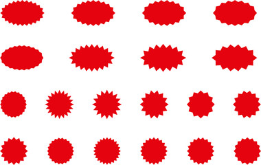 Starburst red sticker set - collection of special offer sale round and oval sunburst labels and buttons isolated on white background. Promo stickers with star edges. Vector