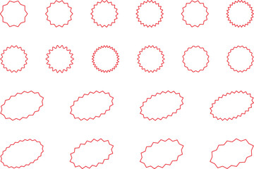 Starburst red sticker set - collection of special offer sale round and oval sunburst labels and buttons isolated on white background. Promo stickers with star edges. Vector