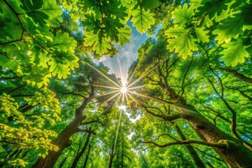 Obraz premium Sunlight Filtering Through Canopy of Oak Leaves Creating a Natural Green Tapestry in the Forest