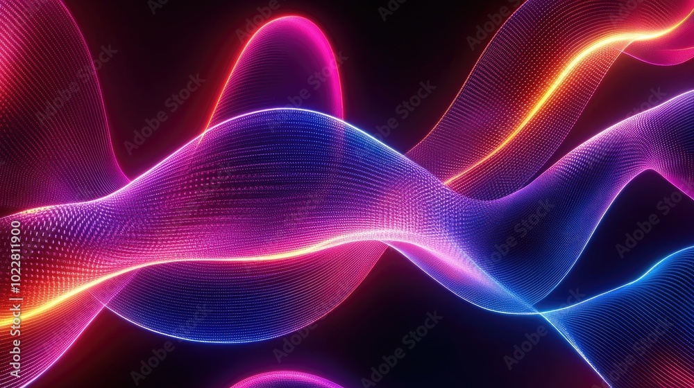 Aufkleber 3D rendering of an abstract neon background featuring a luminous wavy ribbon design