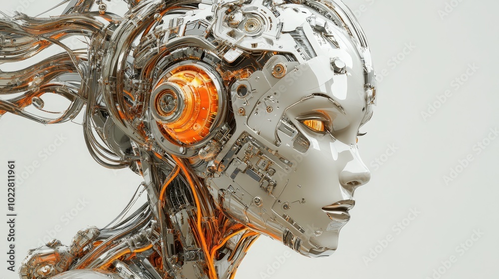 Poster 3d illustration of a humanoid robot head representing artificial intelligence in human form showcasi