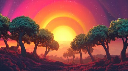3D illustration of a fantastical landscape featuring trees in the foreground set within a vibrant colorful atmosphere