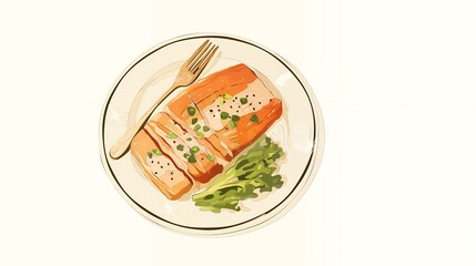 Overhead view of a plate of salmon with a fork, garnished with fresh herbs and a sauce.