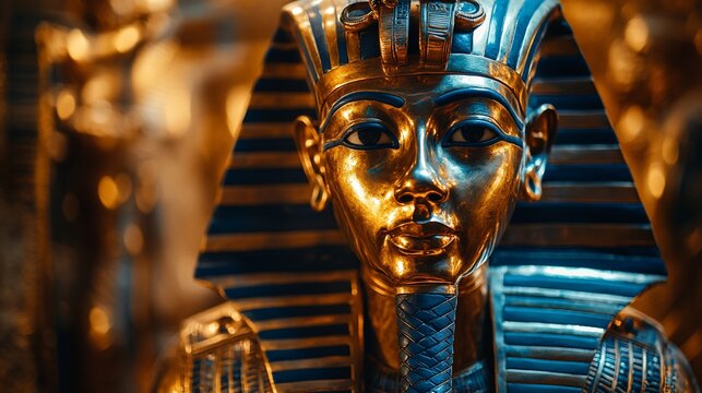 Close-up of a golden pharaoh bust with a blue and gold headdress against a blurred background.