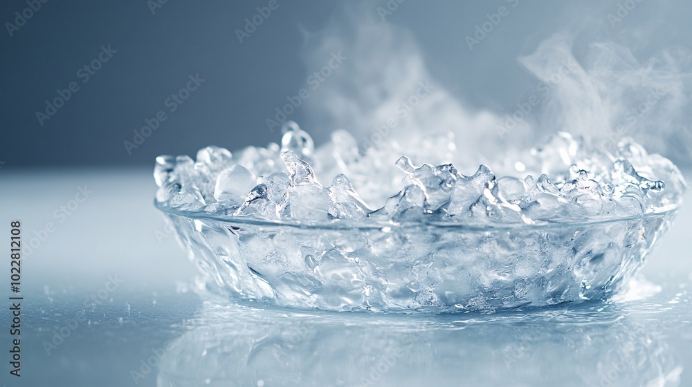Poster ice bath surrounded by rising steam with snowy background creating a dramatic visual stock photo wit