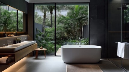 Fototapeta premium Modern bathroom with a freestanding bathtub, large mirrors, dual sinks, and a view of lush tropical greenery through a floor-to-ceiling window.