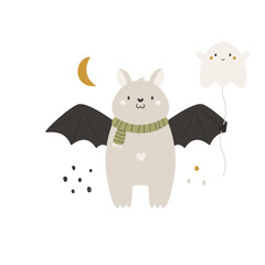 Adorable Fall Bat with Ghost Balloon. Seasonal Vector Illustration. Cute Autumn Designs for Halloween