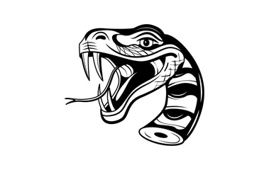 Old school tattoo of a venomous snake with fangs bared and tongue out, ready to strike, in an old school tattoo style. Street art, Brutalism flash tattoo, black and white illustration, vector graphic