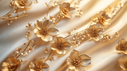 3D artwork of golden flowers on a fabric backdrop ideal for digital wallpaper printing and custom designs