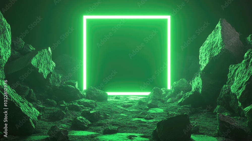 Aufkleber 3D render of an abstract neon green background featuring a glowing square frame and cobblestone rock ruins Scene designed for product display platform