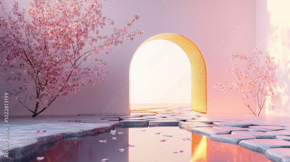 Aufkleber 3D render of an abstract contemporary background featuring a golden arch cobblestones and reflections on a wet floor A modern minimal showcase designed for product display embellished with a cherr