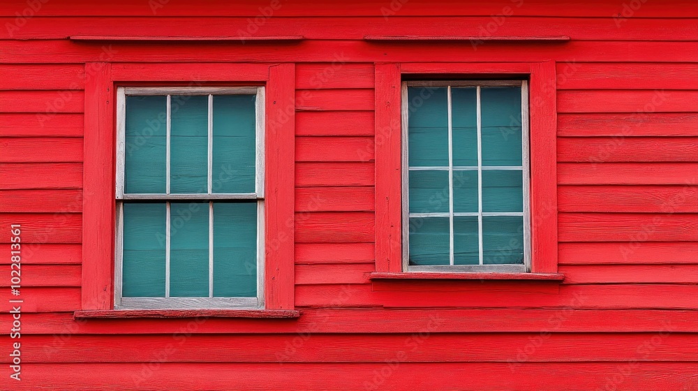 Poster closeup of window on a striking red clapboard building