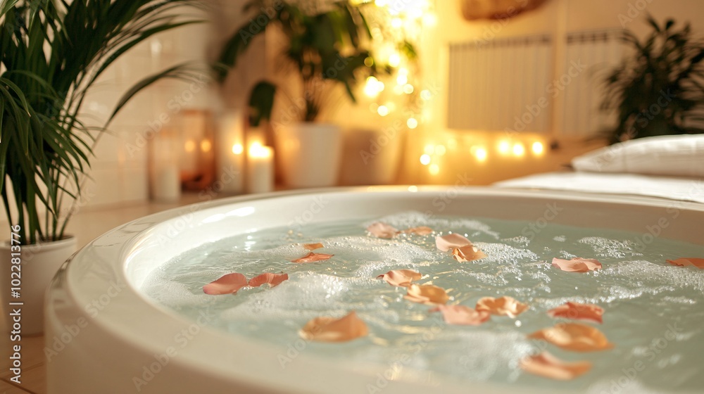 Aufkleber modern bathroom with a small ice tub and warm lighting creating a serene environment stock photo wit