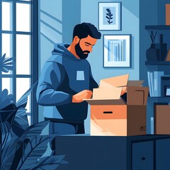 Man unpacking boxes in new apartment on moving day with blue interior design