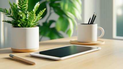 Tablet on a wooden desk surrounded by plants and stationery, AI