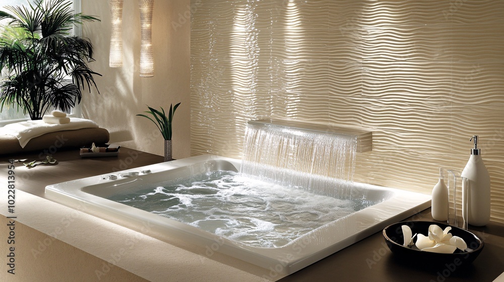 Poster modern bathroom with a small ice tub and warm lighting creating a serene environment stock photo wit