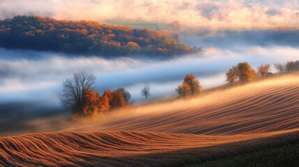 Obraz premium Cold Sunset Over Agricultural Land with Fog as the Main Feature