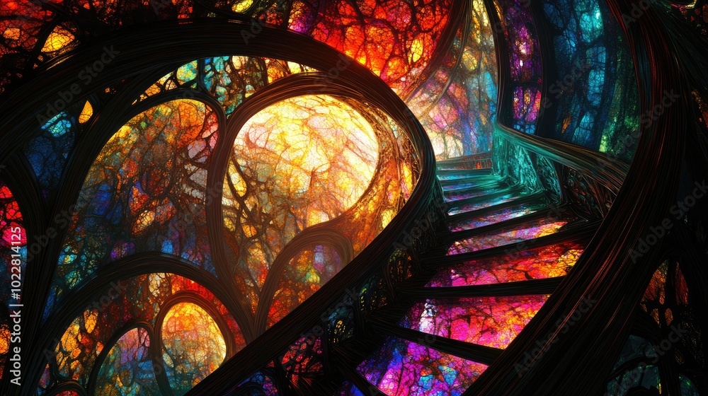 Aufkleber Abstract stained glass with vibrant fractal patterns Colorful and chaotic 3D rendered textures creating a fantastical visual experience