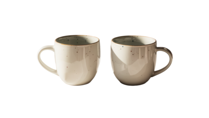  A side view of two empty white coffee mugs isolated on transparent background. 