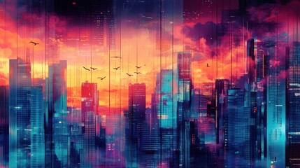 Fototapeta premium A vibrant digital cityscape at sunset, showcasing futuristic skyscrapers and colorful skies.