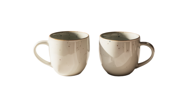  A side view of two empty white coffee mugs isolated on transparent background. 