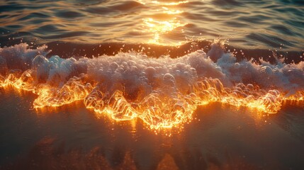 photorealism of Aerial view of sea waves on beige sandy beach.