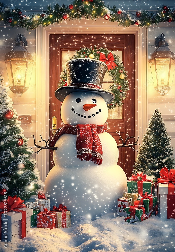 Poster a snowman with a top hat and scarf stands in front of the door : generative ai