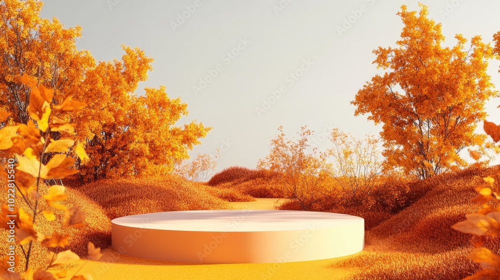 Poster abstract autumn landscape featuring a podium for product presentation 3d rendering