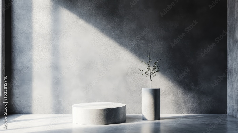Poster 3D render of an abstract grey background featuring a contemporary minimalistic display with two vacant cylindrical pedestals suitable for showcasing products