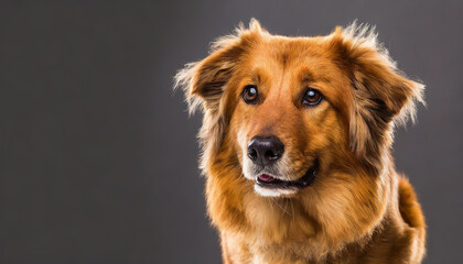 A golden retriever mix with fluffy fur gazes attentively against a dark background, showcasing a moment of calm and connection