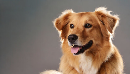 Golden retriever mix smiling against a soft gray background, showcasing a playful demeanor and joyful expression during a studio session