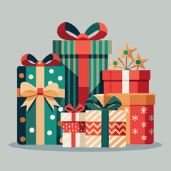 A collection of beautifully wrapped Christmas gift boxes in various sizes, featuring shiny ribbons, bows, and festive patterns