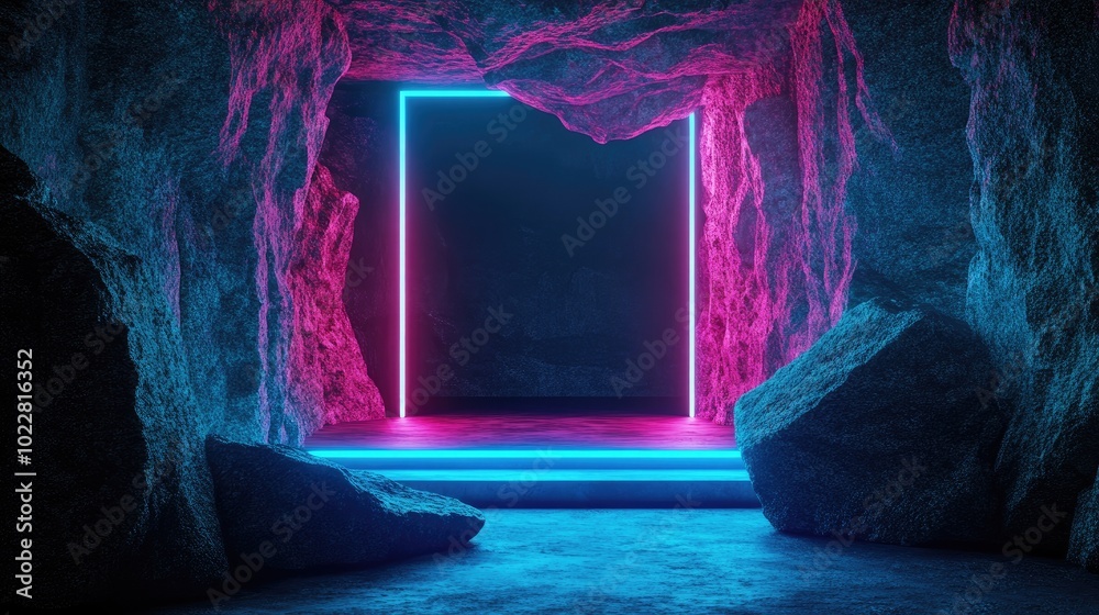 Aufkleber Abstract neon backdrop featuring luminous geometric shapes natural stone elements and a 3D podium Empty display platform for showcasing technological products and gadgets