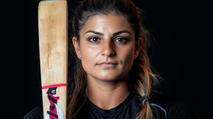 A young woman with dark hair stares intensely into the camera, holding a wooden cricket bat.