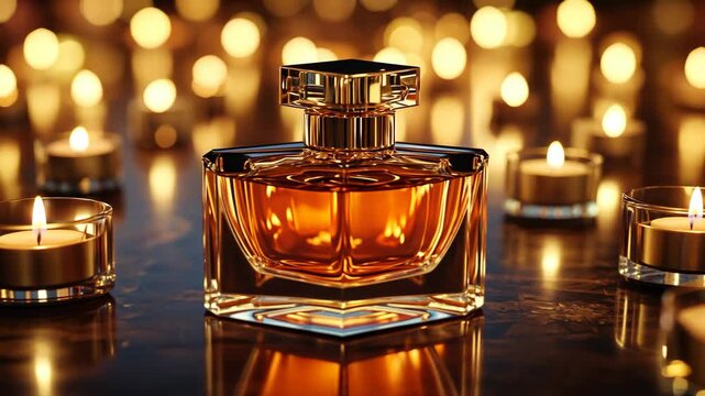 A bottle of perfume sits among lit candles on a table, creating a warm and inviting ambiance