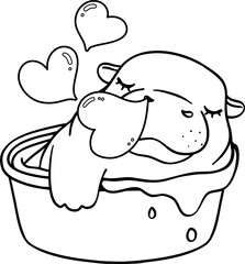 Baby Pygmy bouncy hippo sleeping in basin doodle outline coloring image