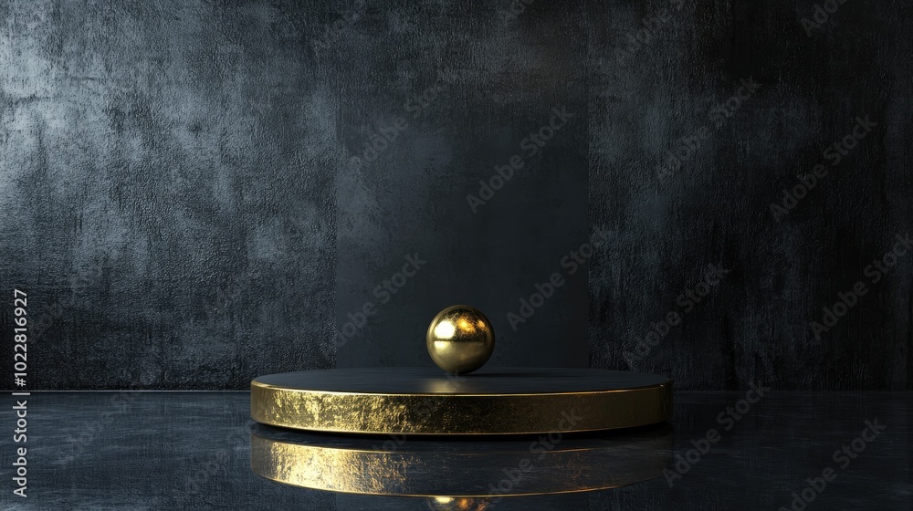 Aufkleber 3D rendering of an abstract minimalistic black background featuring an empty hemisphere podium a golden sphere and its reflection on a wet floor providing a blank platform for product showcase
