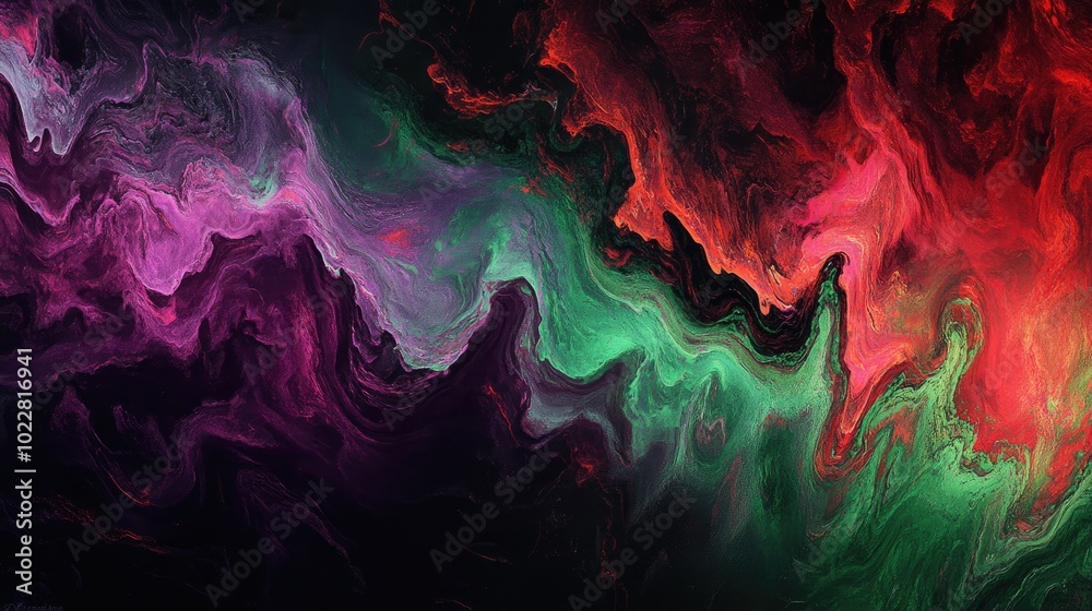 Aufkleber Abstract textured painting featuring chaotic strokes in green red and violet Fractal design with elements of fantasy in a digital art style rendered in 3D