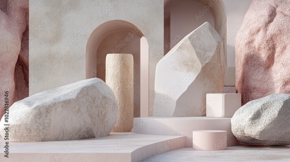 Aufkleber Abstract pastel geometric background featuring stone and rock shapes designed for minimalist podium display or showcase with 3D rendering