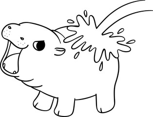 Baby Grumpy Pygmy bouncy hippo with splash water doodle outline coloring image