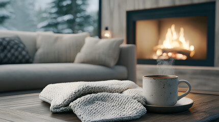 Cozy Winter Living Room with Fireplace and Warm Drink
