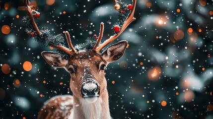 Festive reindeer wearing a beautiful antler headband poses in a snowy forest with glowing lights, evoking a magical christmas scene